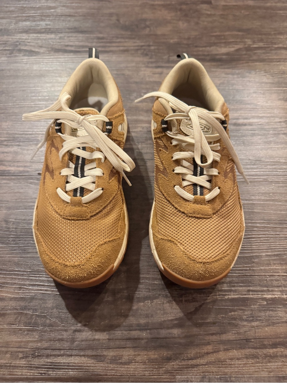 Keen Women's Athletic Sneakers in Tan and Cream with Black Stripe